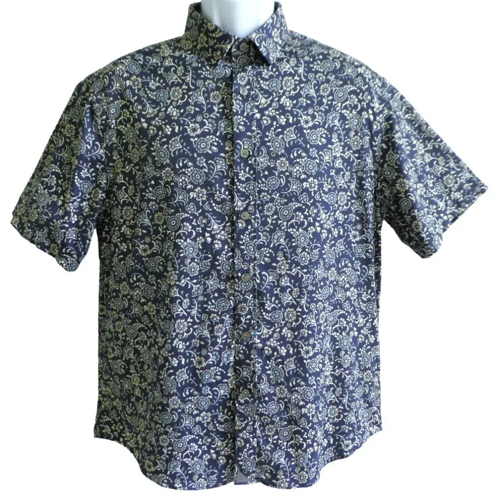 Untuckit USA Floral Shirt Short Sleeve Button Front Palermo Reg Fit Navy Medium